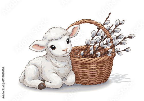 A kawaii illustration. A little lamb sits next to a wicker basket. Inside the basket are blossoming pussy willow branches with buds.