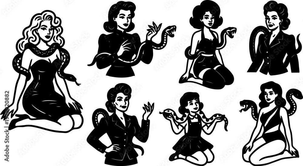 Fototapeta premium Tattoo flash pinup women with snakes vintage retro vector set showing varied poses close up and full body high contrast