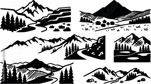 Line art mountain landscape set of seven black silhouette vignettes with winding rivers pine trees and rocky paths aerial closeup