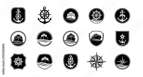 Collection of nautical emblems and badges in a vintage style, perfect for design.