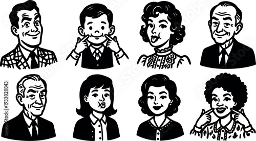 Retro cartoon mid century vector headshots set smiling men and women making faces close up vintage graphic icons bold line art