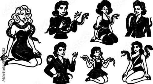 Tattoo flash pinup women with snakes vintage retro vector set showing varied poses close up and full body high contrast