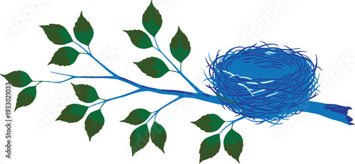 A blue jay nest on a branch with green leaves isolated on white background