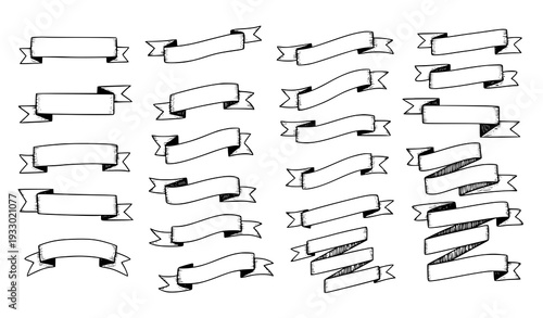 Hand-drawn ribbon elements and banners vector set on white background
