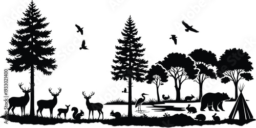 Black and white forest scene with animals and trees in a natural setting