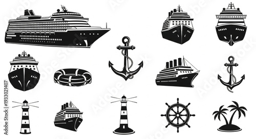 Collection of nautical themed illustrations featuring ships, anchors, and related elements.