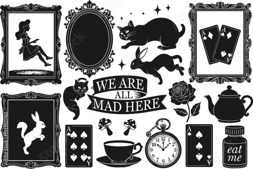 Alice in Wonderland inspired vector illustration, whimsical black and white collage, fantasy silhouettes with teapot, playing cards, mushrooms, pocket watch, Cheshire Cat, \