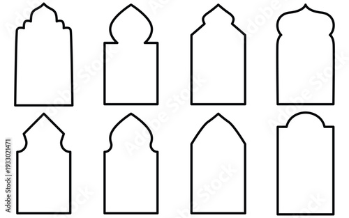 Islamic Arch Door and Window Frame Set – Ramadan Kareem Border Template with Arabic Geometric Ornament Vector Illustration
