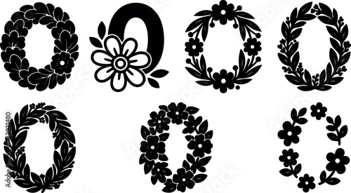 Flat vector floral wreath set showing laurel and blossom silhouettes in various round frame styles close up decorative elements collection