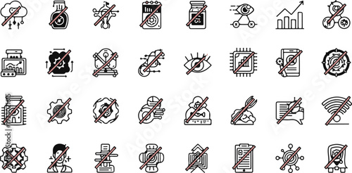 Digital Detox and No Technology Icons: Privacy, Security, and Offline Concept Elements.