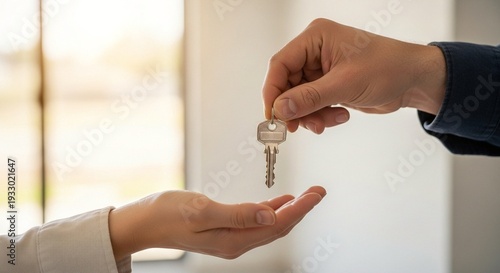 A person handing over a set of keys to another person in a bright and airy room