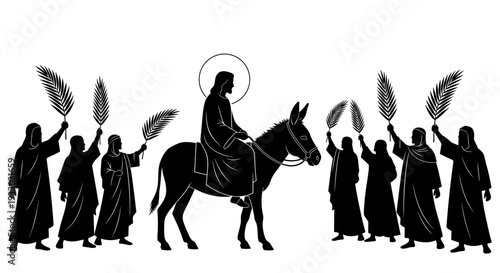 A silhouette of Jesus sitting on a donkey. The donkey and rider are depicted very simply, almost schematically. Surrounding them are several joyful people holding palm branches.