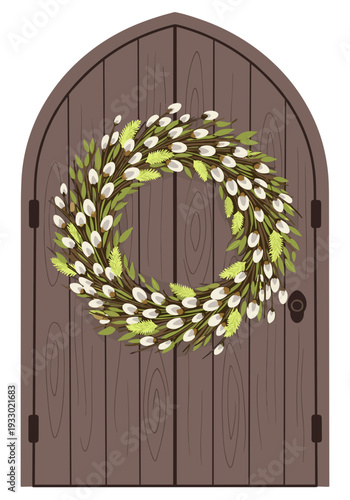 A festive wreath of blossoming pussy willow branches hanging on a wooden church door. Viewed from above, flat graphics, and simplified wood texture.