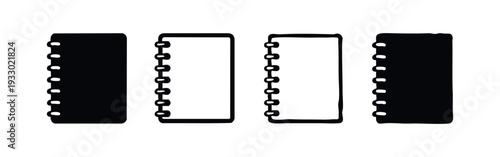 Flat hand-drawn spiral notebook icons set, top view.