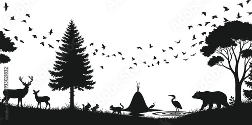 Black and white forest landscape with animals and trees in silhouette