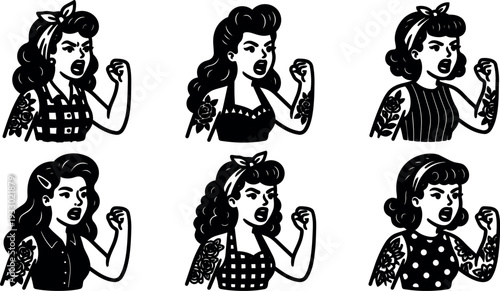 Tattoo flash retro pin up women raising clenched fist showing tattooed arm in monochrome vector icon set bold expression empowerment