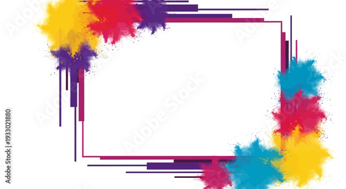 Colorful Holi Festival Day Frame with vibrant paint splashes and rainbow design elements on a blank background for decoration and celebration