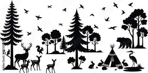 Black and white forest landscape with animals and teepee