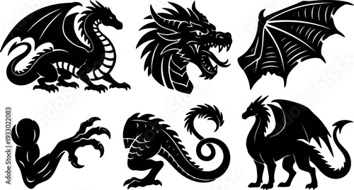Tattoo flash dragon head roaring and full body silhouettes set side view curled tail wing spread bold vector art black