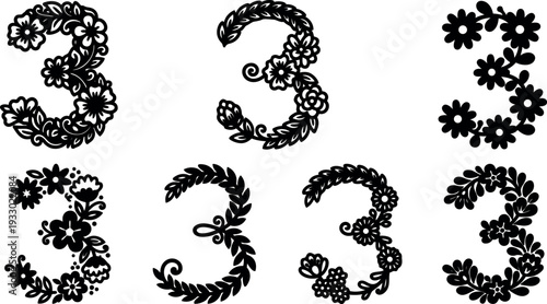 Floral ornamental vector number three in decorative wreath compositions with varied flower motifs close up flat design display black silhouette