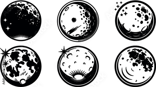 Tattoo flash lunar icons six circular moon emblems with craters starbursts and comet accents high contrast vector art black white