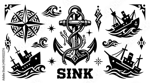 Nautical tattoo flash sheet with anchor and sinking ships vector illustration