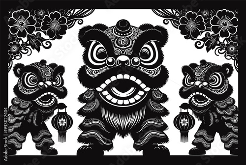 Black and white paper-cut style illustration of traditional Chinese lion dance with ornate floral decorations, cultural festive vector design for celebration themes
