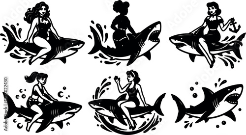 Tattoo flash pin up women riding sharks in retro sailor style set with bold line art and splash accents playful