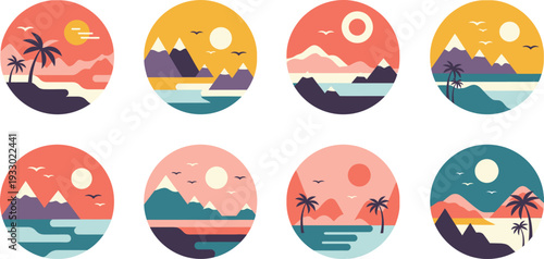 Eight oval icons of various landscapes with mountains and palm trees