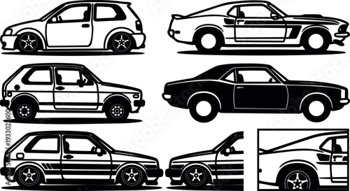 Vector silhouette side view car set showing classic coupe hatchback and muscle car profiles in black and white line art