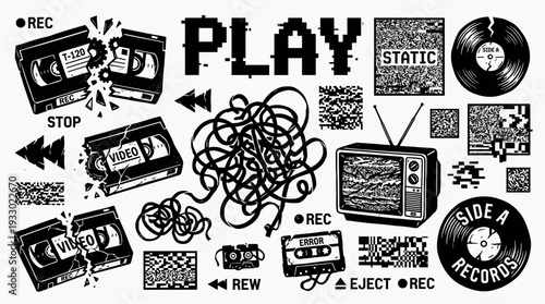 Retro analog media glitch elements including broken VHS and television vector illustration