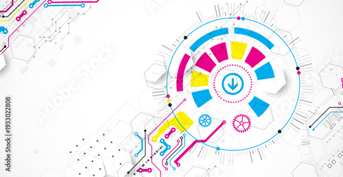 Abstract technological background with various elements. CMYK concept. Vector