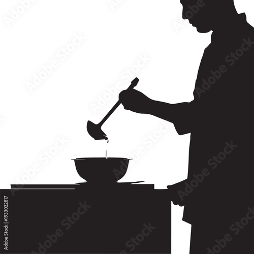 Silhouette of a person pouring liquid into a bowl with a ladle