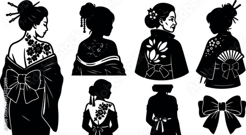 Silhouette vector kimono women in profile with floral back tattoos large ribbon bows hairpins and traditional fan low angle lighting