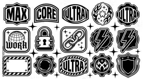 Set of black and white industrial Y2K graphic badges and sticker elements vector illustration