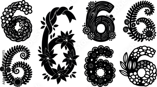 Papercut style ornamental number six set floral silhouette vector art eight variations close up decorative numerals black bold intricate isolated