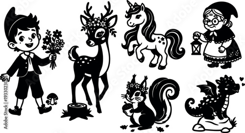 Tattoo flash tale set boy holding flowers deer with crown unicorn prancing grandmother with lantern squirrel with acorn dragon sitting
