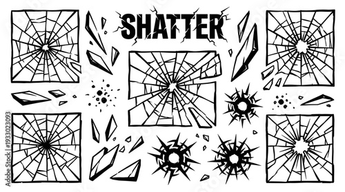 Shattered glass and bullet hole impact elements isolated on white vector illustration