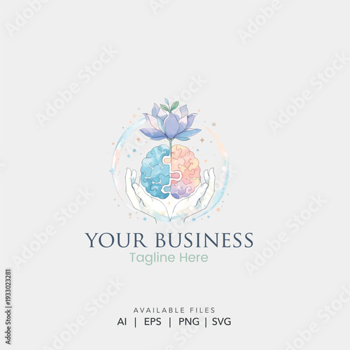 Watercolor mental health logo with blooming brain ,Creative psychology icon featuring brain with floral decoration.