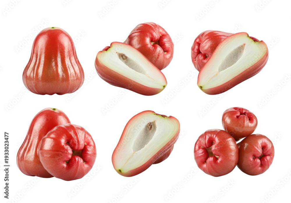 Naklejka premium Six glossy red wax apples (rose apples) and halved slices arranged on transparent background showing pale crisp flesh and seed cavity