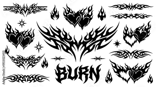 Tribal tattoo design set with flaming hearts and gothic text vector illustration