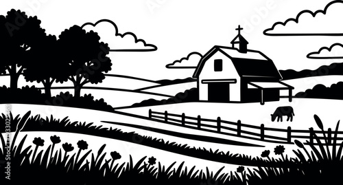 Line art vector panoramic rural farm scene with foreground wildflowers and grass fence barn and grazing cow in rolling hills