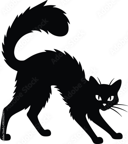 Black silhouette of startled cat with arched back, raised tail, Halloween spooky feline illustration, mysterious defensive posture, vector animal graphic design