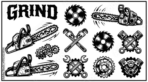 Vintage industrial tool set with chainsaws circular saws and gears in black and white vector illustration