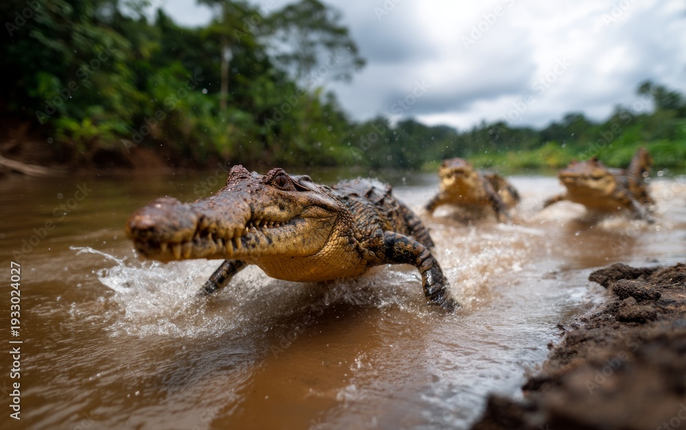 Obraz premium Crocodiles Racing Through Muddy Riverbanks in Tropical Humid Environment