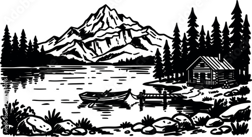 Woodcut style lakeside view with mountains pine trees log cabin rowboat and dock in calm morning light reflected water shore