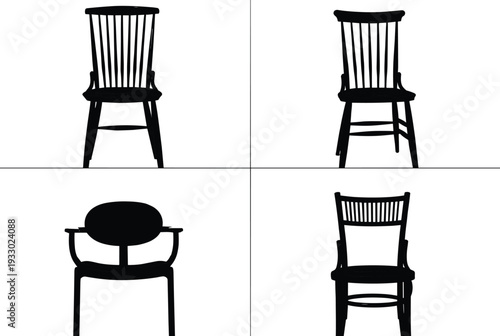 Chair silhouette collection vector illustration, black and white furniture icon, seating design artwork, interior decor symbol, modern minimalist graphic, home furnishing artwork