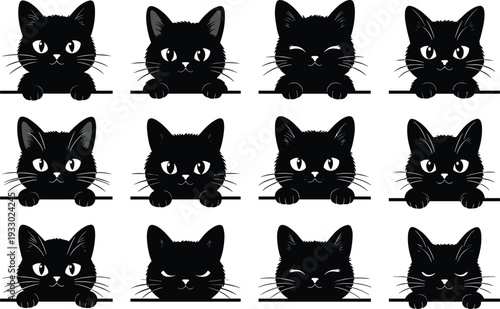 Black silhouette vector illustration of twelve cats arranged in grid, unique facial expressions, large eyes, pointy ears, playful design, artistic character collection