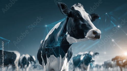 Curious Holstein Cow Portrait: Close-up of a Black and White Dairy Cow in a Winter Field Landscape, Agricultural Scene.