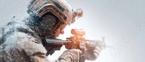 Soldier aiming rifle with digital overlay